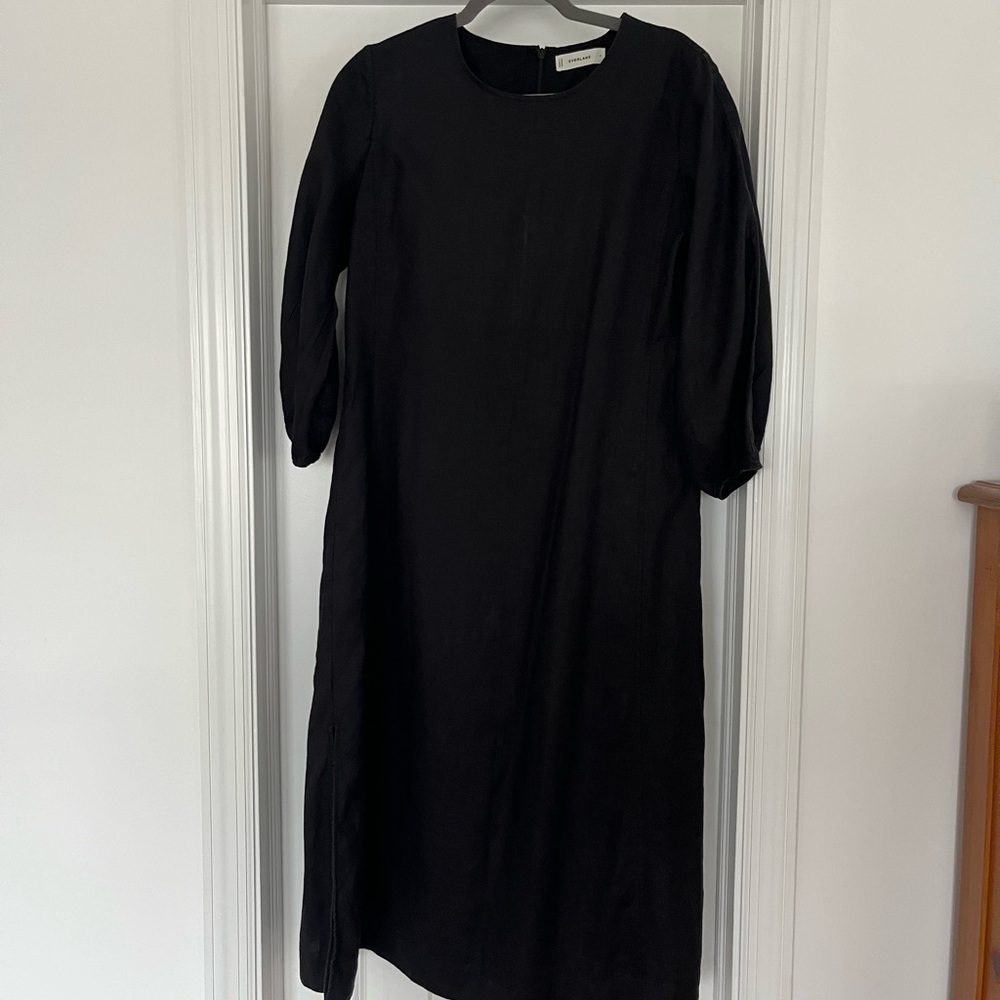 Everlane Black Linen Blend Puff Sleeve Midi Dress with Pockets